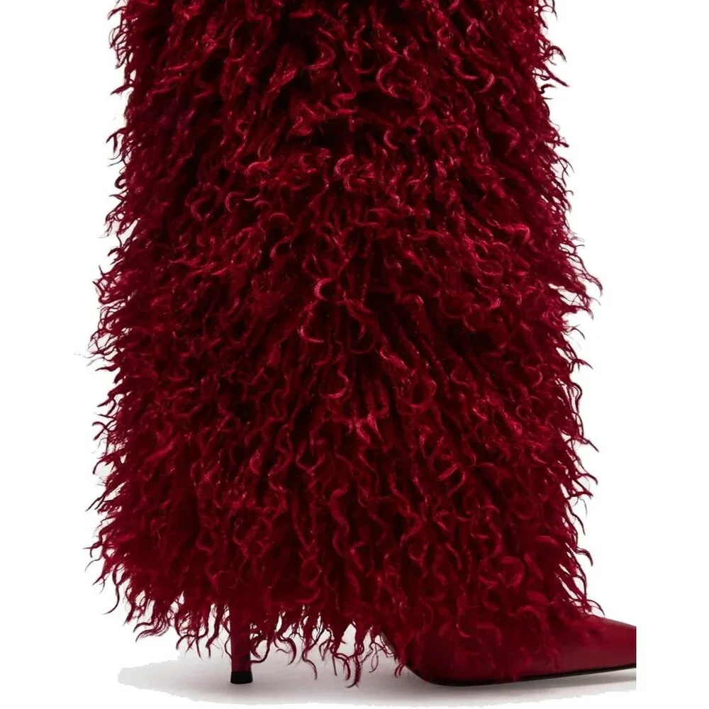 Women's Fur Red Pointed Toe Fold Over Wide Calf Knee High Heel Boots - Picture 7 of 7